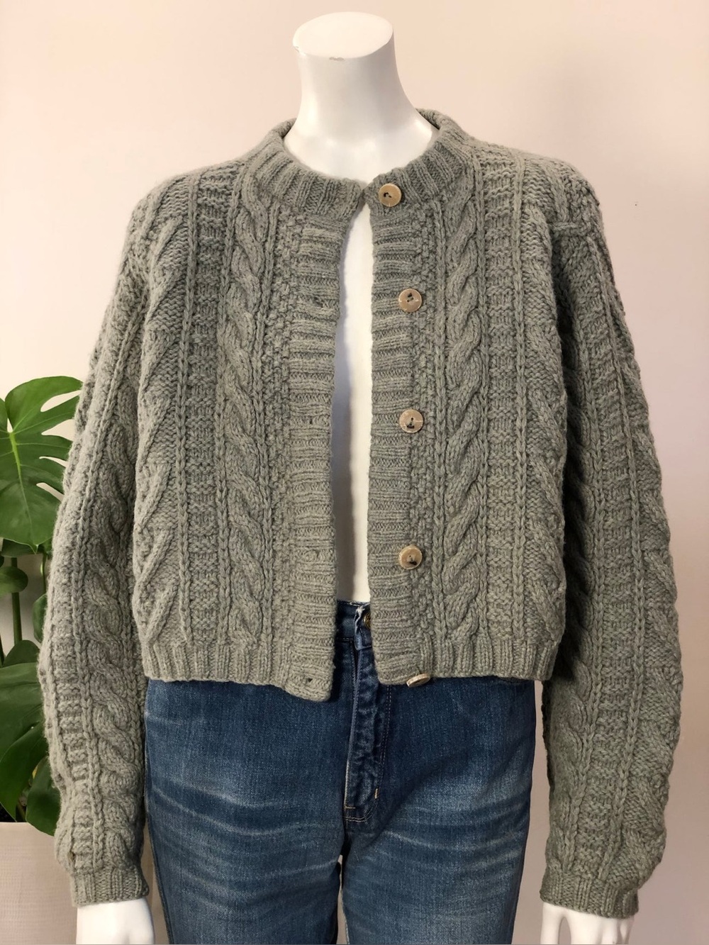 J.Crew 80s 90s Boxy Chunky Cable Knit Sage Green Cardigan Sweater - M - Picture 4 of 6